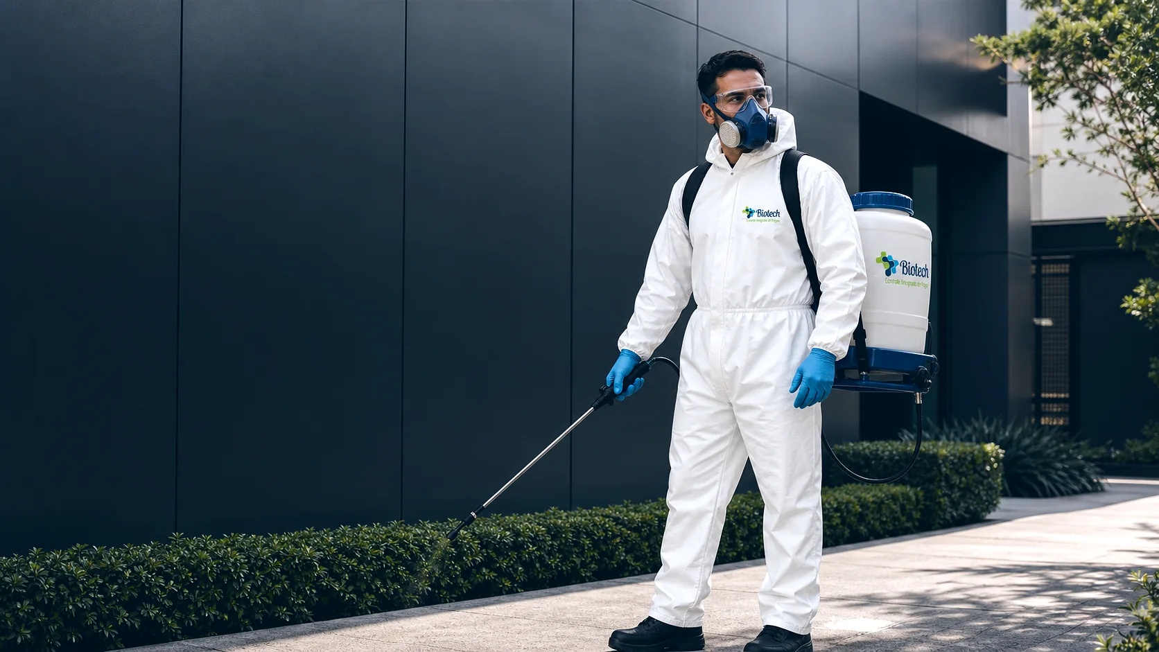Técnico da Biotech em macacão branco com máscara e luvas, aplicando produto na área externa de um prédio comercial.