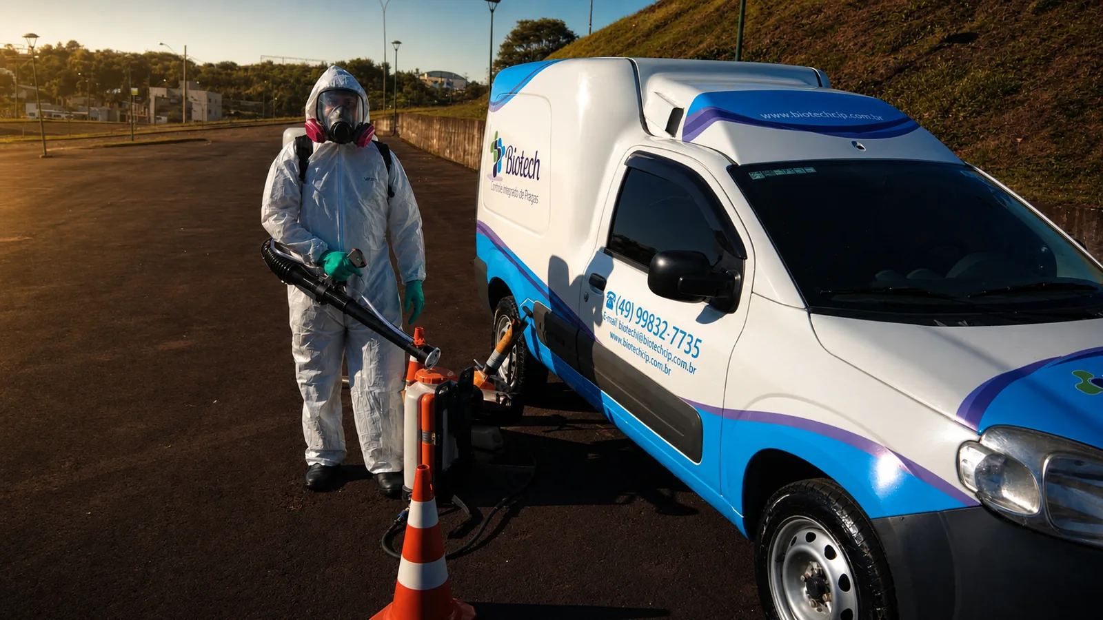Técnico da Biotech em macacão branco com máscara facial completa, ao lado do veículo da empresa.