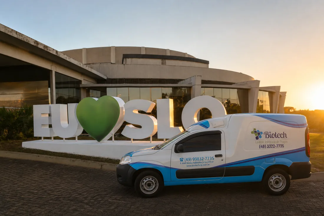 Veículo da Biotech estacionado diante do letreiro EU AMO SLO, em frente ao centro de eventos de São Lourenço do Oeste, no fim da tarde.